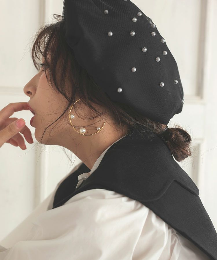 【未使用品CA4LA】  パールチュールベレー帽　ブラック CA4LA（カシラ）の「PEARL（ハンチング/ベレー帽）」 - WEAR