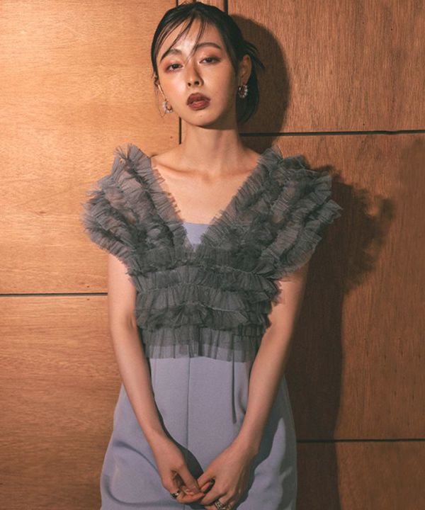 glossy multi ruffle dress