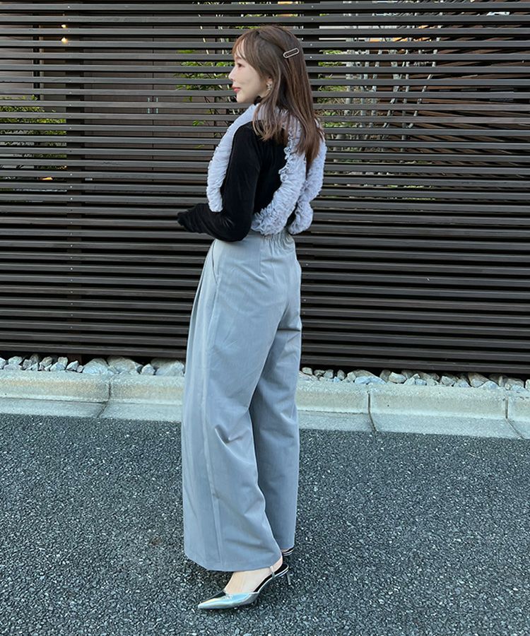 チュールフリルサスペ付きハイウエストワイドパンツ[C]