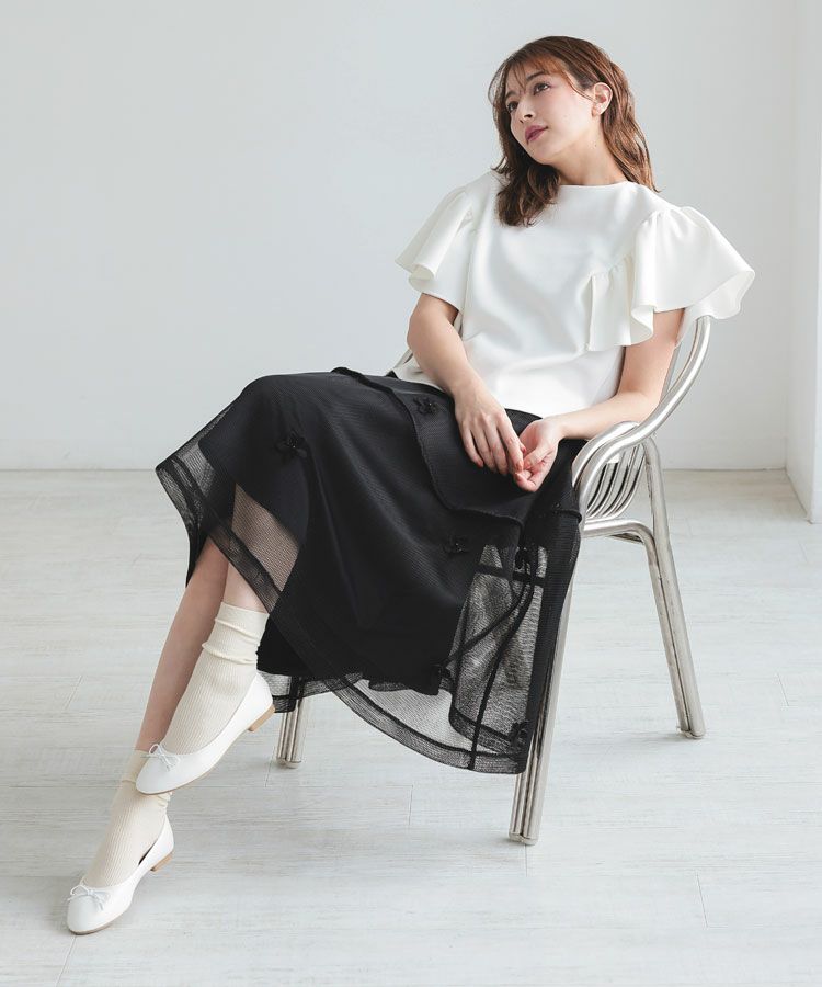 No.3909 美品 L ネイビー系　花柄メッシュ　スカート★社交ダンス シアーメッシュBIGフラワースカート(S イエロー系花柄): SWINGLE