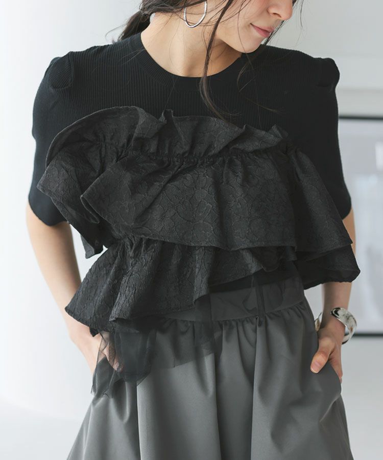 donoban ジャガードフリルハーフスリーブ アイボリー ジャガードフリルハーフスリーブ