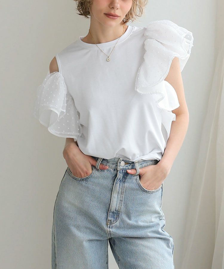ドノバン　試着のみ新品　フリルドット柄半袖トップス ホワイト ドットフリルショルダーTee メール便[8FS]