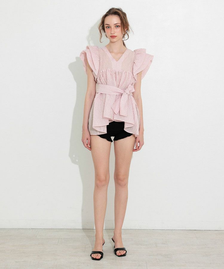 【ANDRESED】sheer jacquard peplum tops sheer jacquard peplum tops