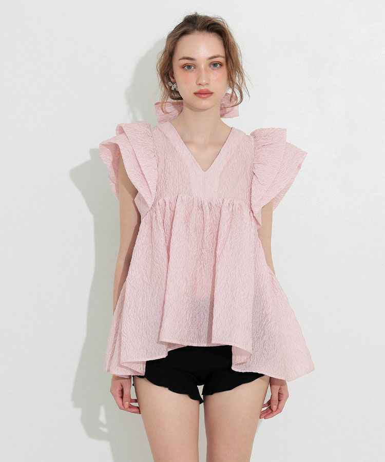 【ANDRESED】sheer jacquard peplum tops sheer jacquard peplum tops