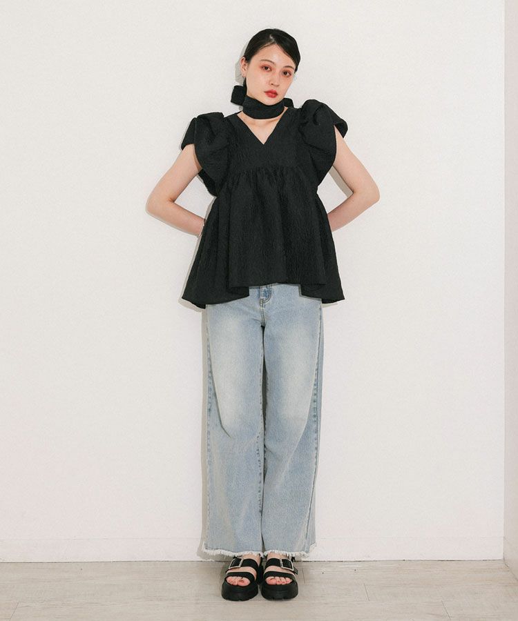 【ANDRESED】sheer jacquard peplum tops sheer jacquard peplum tops