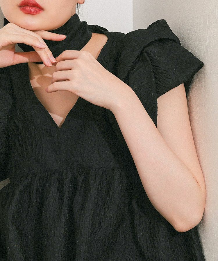 【ANDRESED】sheer jacquard peplum tops sheer jacquard peplum tops