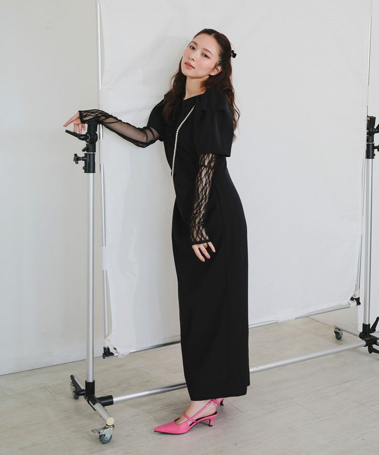 ANDRESD レースアームドレープドレス チャコール lace arm drepe dress