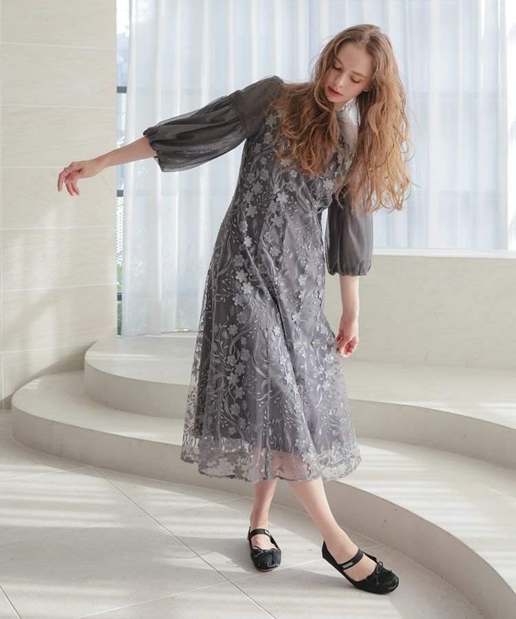 Floral diagonal check flare dress 初期不良アリ Floral diagonal